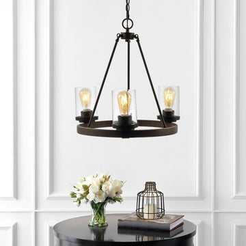 Coronet 20" 3-Light Iron/Seeded Glass Rustic Farmhouse LED Chandelier - JONATHAN Y